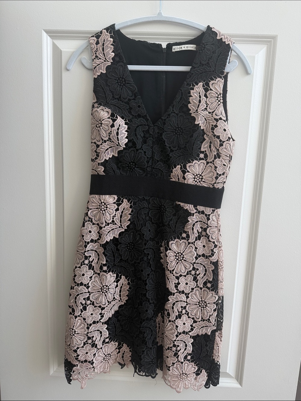 Alice + Olivia Black and Blush Floral Lace V-Neck Fit-and-Flare Dress